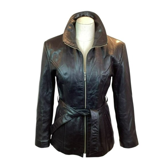 Pelle Studio Wilsons Belted Fitted Leather Jacket Womens XS Black Full zip Closu - Picture 2 of 13